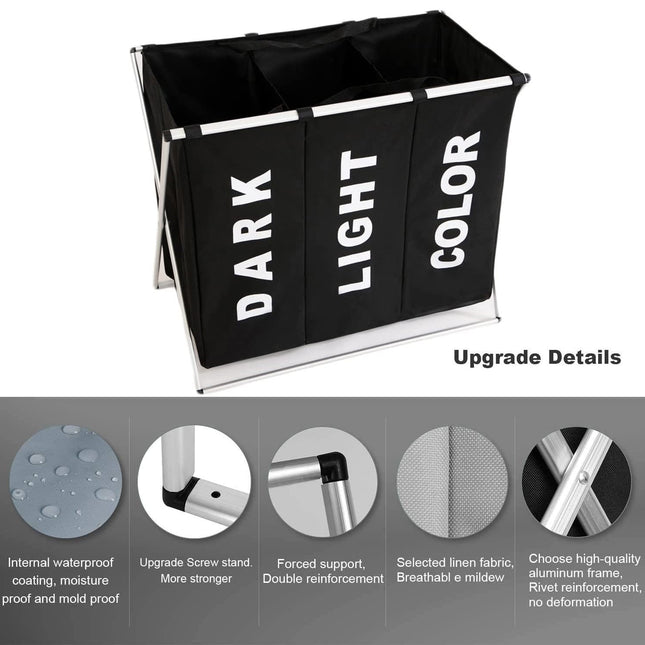 3 in 1 Large 135L Laundry Clothes Hamper Basket with Waterproof bags and Aluminum Frame (Black)