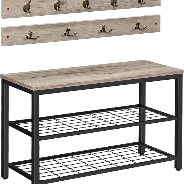 Industrial Design Entryway Shoe Rack with Coat Hooks Organizer (Grey)