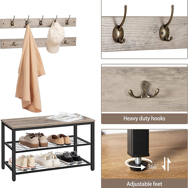 Industrial Design Entryway Shoe Rack with Coat Hooks Organizer (Grey)