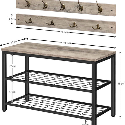 Industrial Design Entryway Shoe Rack with Coat Hooks Organizer (Grey)