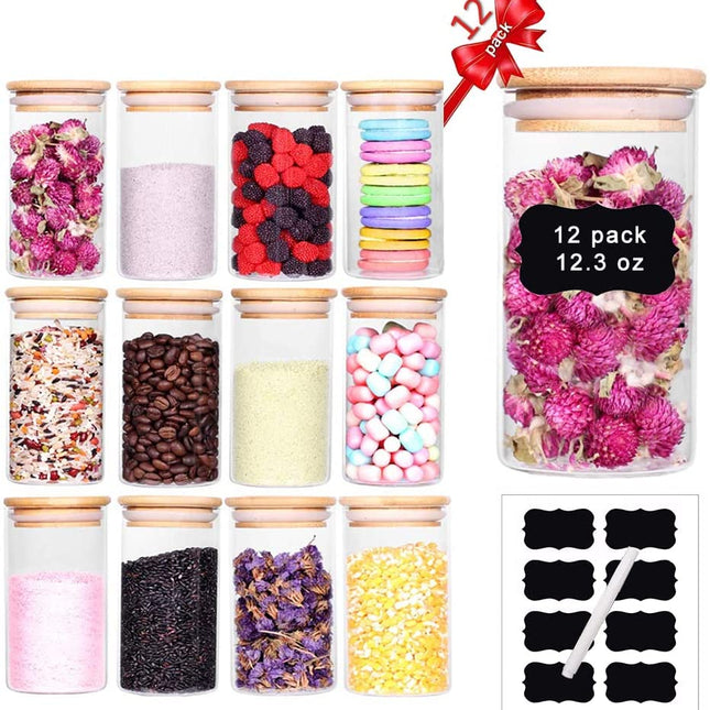 12 Pieces Glass Spice Jars for Kitchen Canisters with Airtight Bamboo Lids and Labels (350 ml)