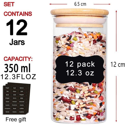 12 Pieces Glass Spice Jars for Kitchen Canisters with Airtight Bamboo Lids and Labels (350 ml)