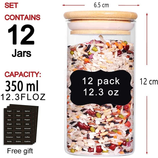 12 Pieces Glass Spice Jars for Kitchen Canisters with Airtight Bamboo Lids and Labels (350 ml)