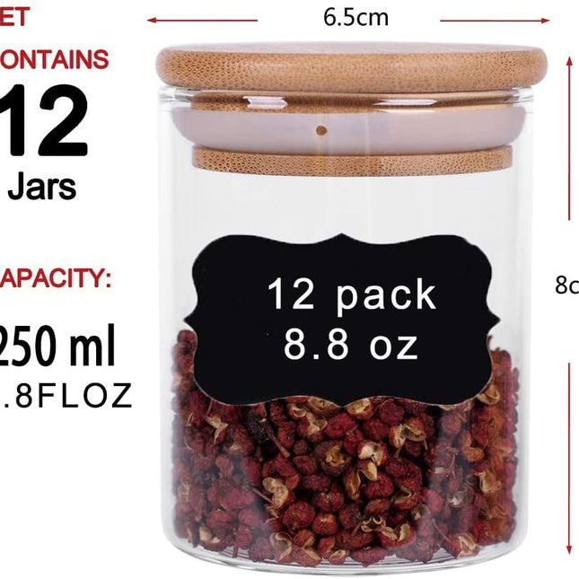 12 Pieces Glass Spice Jars for Kitchen Canisters with Airtight Bamboo Lids and Labels (250 ml)