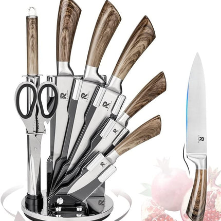 Kitchen Knife Block Set 8 Stainless Steel Knives with Wooden Color Handle (Wood color)