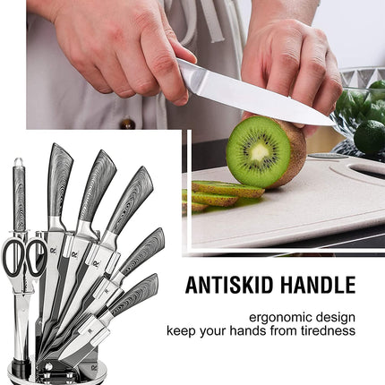 Kitchen Knife Block Set 8 Stainless Steel Knives with Wooden Color Handle (Silver color)