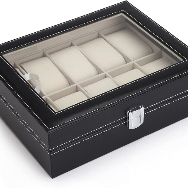 Black PU Leather Watch Organizer Display Storage Box Cases for Men & Women (10 slots)