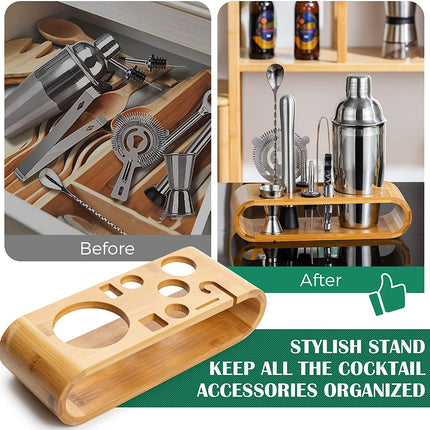 Cocktail Shaker Set Bartender Kit with Bamboo frame and 10 Pieces Stainless Steel Bar Tool Set