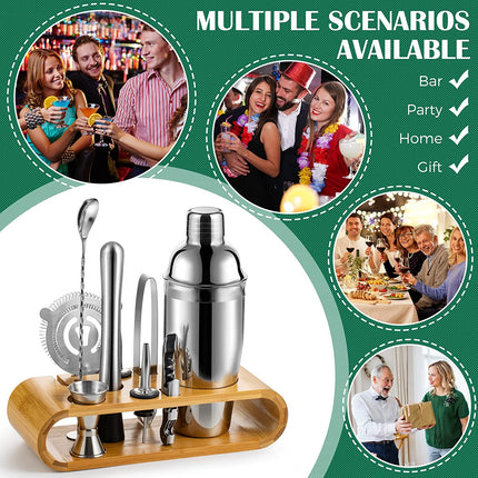 Cocktail Shaker Set Bartender Kit with Bamboo frame and 10 Pieces Stainless Steel Bar Tool Set