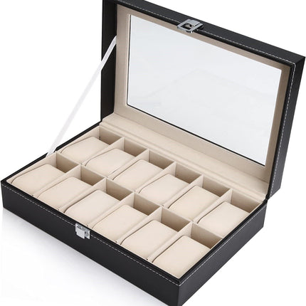 Black PU Leather Watch Organizer Display Storage Box Cases for Men & Women (12 slots)