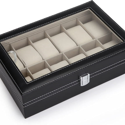 Black PU Leather Watch Organizer Display Storage Box Cases for Men & Women (12 slots)