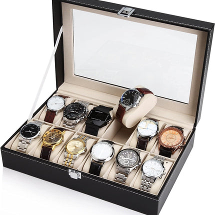 Black PU Leather Watch Organizer Display Storage Box Cases for Men & Women (12 slots)