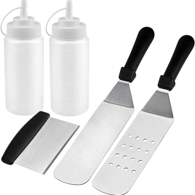 BBQ Griddle Accessories Kit with Heavy Duty Scraper Spatula Turner and Bottles (5pcs)