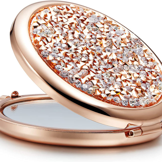 Mini Mix Diamond 1X/2X Magnifying Round Metal Pocket Makeup Mirror (Gose Gold)