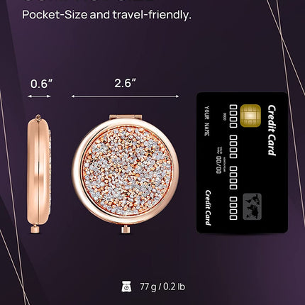 Mini Mix Diamond 1X/2X Magnifying Round Metal Pocket Makeup Mirror (Gose Gold)