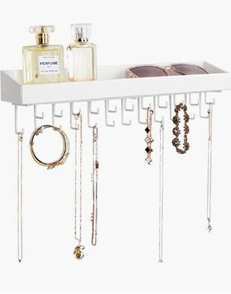 Wall Mount Hanging Jewellery Organiser Holder with 23 Hooks (White)