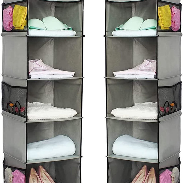 2 Pack 5 Foldable Shelf Hanging Closet Organizer Space Saver with Side Accessories Pockets for Clothes Storage