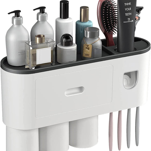 Automatic Wall Mounted Toothbrush Holder with Magnetic Cups Kids & Family Set for Bathroom (White and Black)