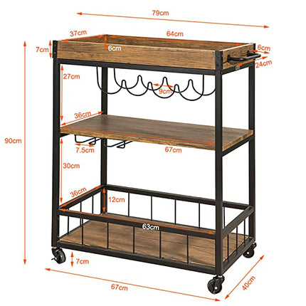 Industrial Vintage Style Wood Metal 3 Tiers Kitchen Serving Trolley with Wine Rack (Brown)