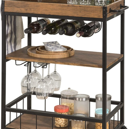 Industrial Vintage Style Wood Metal 3 Tiers Kitchen Serving Trolley with Wine Rack (Brown)