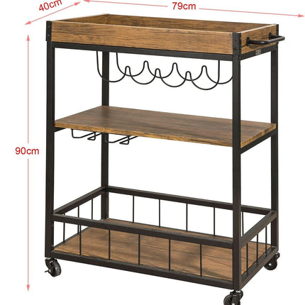 Industrial Vintage Style Wood Metal 3 Tiers Kitchen Serving Trolley with Wine Rack (Brown)