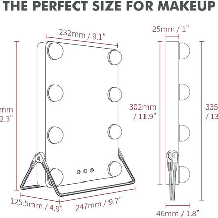 10X Magnifying Vanity Mirror with Lights with 8 Dimmable Bulbs for Makeup and Travel (Grey, 31 x25 cm)