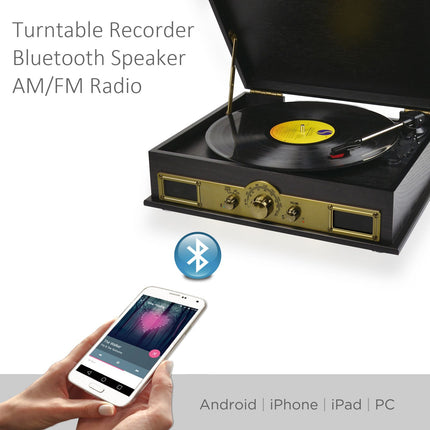 mbeat Vintage Wood Turntable with Bluetooth Speaker, AM/FM Radio