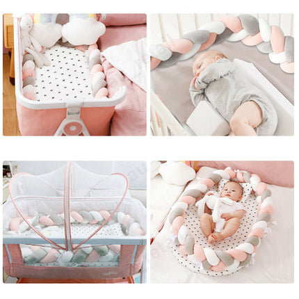 4M Kid Cot Bumper Braid Pillow Nursery Newborn Crib Bed Padded Protector Decor Gray+White+Pink