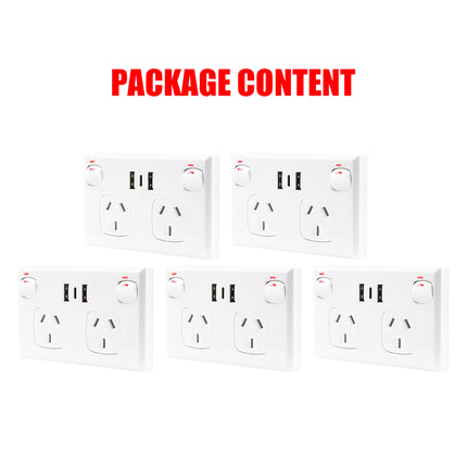 5PCS Double Power Point Dual USB+Type-C GPO Fast Charge 3.6 amp Wall Outlet