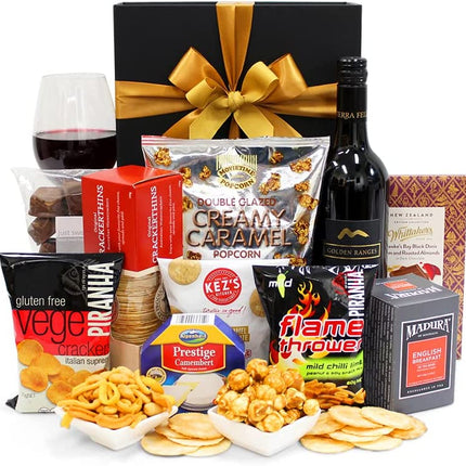 With Thanks Gift Hamper - Golden Ranges Shiraz, Crackers, Cheese, Tea & Chocolate - Sweet & Savoury Thank You Gift Hamper for Birthdays, Christmas, Easter, Weddings, Anniversaries, Office Parties