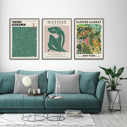 60cmx90cm Flower Market, Matisse Print, Yayoi Kusama 3 Sets Black Frame Canvas Wall Art