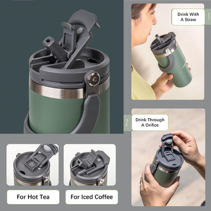 600ML Green Stainless Steel Travel Mug with Leak-proof 2-in-1 Straw and Sip Lid, Vacuum Insulated Coffee Mug for Car, Office, Perfect Gifts, Keeps Liquids Hot or Cold