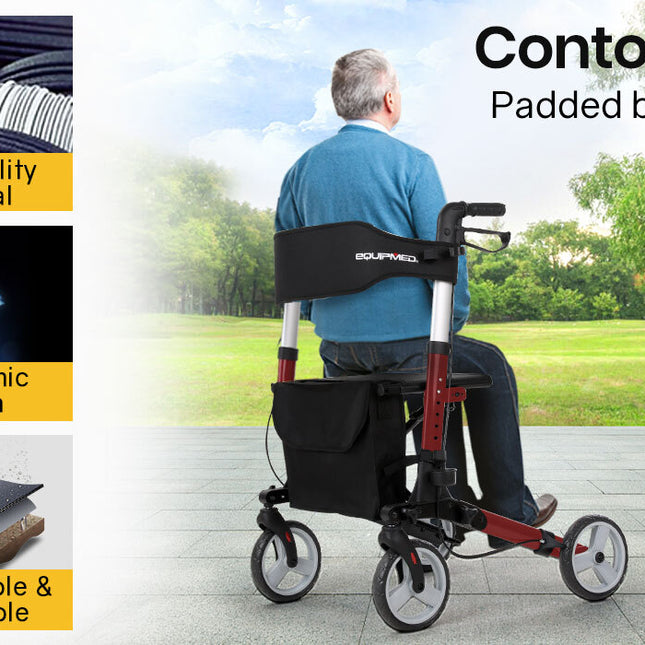 EQUIPMED Rollator Walking Frame Walker Foldable Seat Mobility Aid Aluminium Red