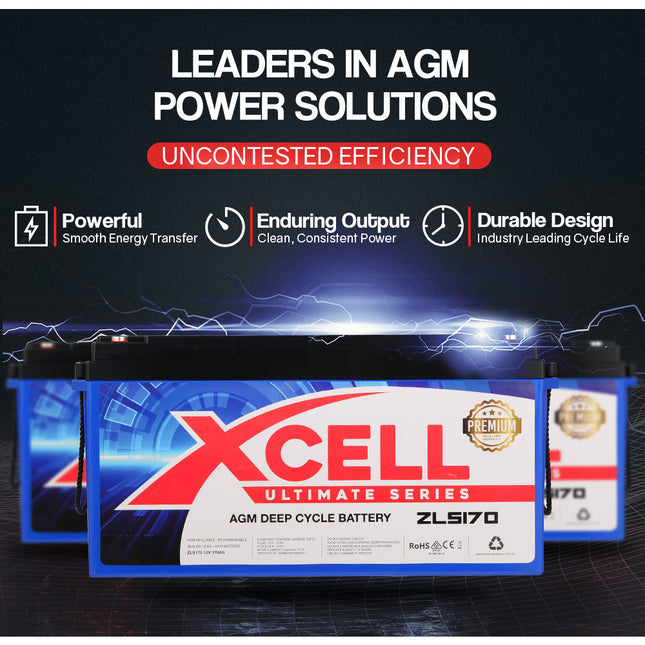 X-Cell 170Ah AGM Battery Deep Cycle 12v Marine Solar Camping Volt Glass 4WD SLA