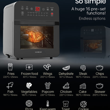 EUROCHEF 16L Air Fryer Electric Digital Airfryer Rotisserie Large Big Dry Black