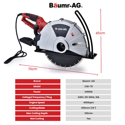 BAUMR-AG 2400W Electric Concrete Saw 355mm Demolition Cutter Wet Dry Demo Tool Circular Cutting