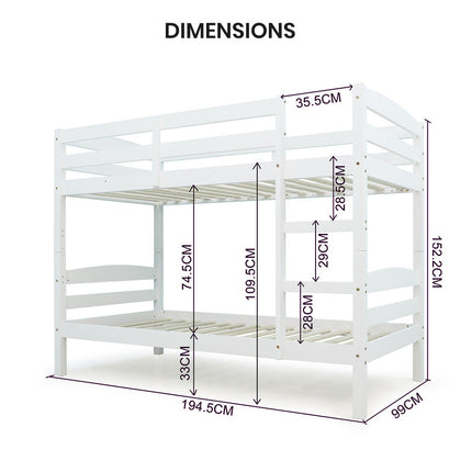 Kingston Slumber Bunk Bed Frame Single Wooden Kids Timber PIne Wood Loft Children Bedroom Furniture