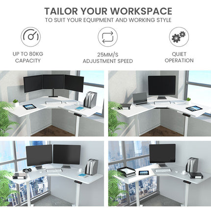 Fortia Sit To Stand Up Corner Standing Desk, 72-120cm, Dual Motor, Electric Height Adjustable, 80kg Load, White/White Frame