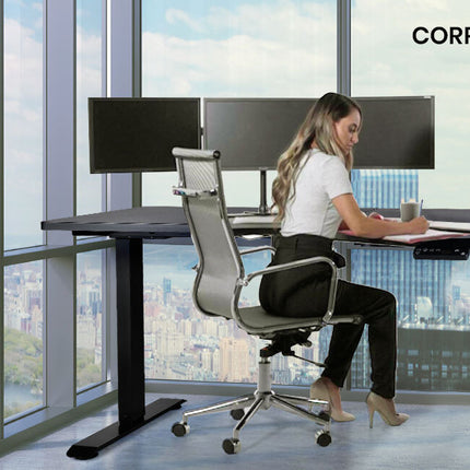 Fortia L Shaped Sit To Stand Up Corner Standing Desk, 72-120cm, Dual Motor, Adjustable Height Electric, 80kg Load, Right-Hand Sided, Black