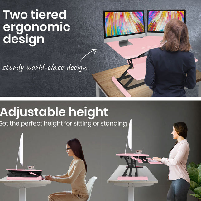 Fortia Desk Riser 77cm Wide Adjustable Sit to Stand for Dual Monitor, Keyboard, Laptop, Pink