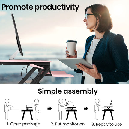 Fortia Desk Riser 77cm Wide Adjustable Sit to Stand for Dual Monitor, Keyboard, Laptop, Pink