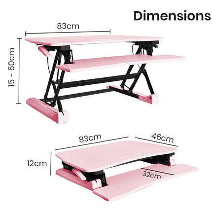 Fortia Desk Riser 77cm Wide Adjustable Sit to Stand for Dual Monitor, Keyboard, Laptop, Pink