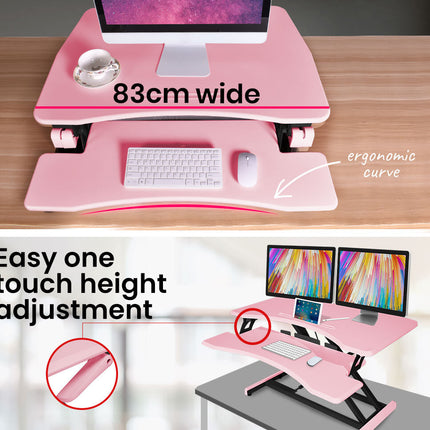 Fortia Desk Riser 77cm Wide Adjustable Sit to Stand for Dual Monitor, Keyboard, Laptop, Pink