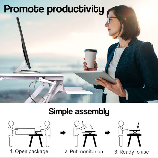 Fortia Desk Riser 90cm Wide Adjustable Sit to Stand for Dual Monitor, Keyboard, Laptop, White