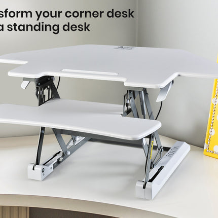 Fortia Corner Desk Riser 110cm Wide Adjustable Sit to Stand for Dual Monitor, Keyboard, Laptop, White