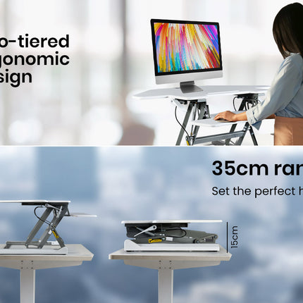 Fortia Corner Desk Riser 110cm Wide Adjustable Sit to Stand for Dual Monitor, Keyboard, Laptop, White