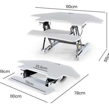 Fortia Corner Desk Riser 110cm Wide Adjustable Sit to Stand for Dual Monitor, Keyboard, Laptop, White