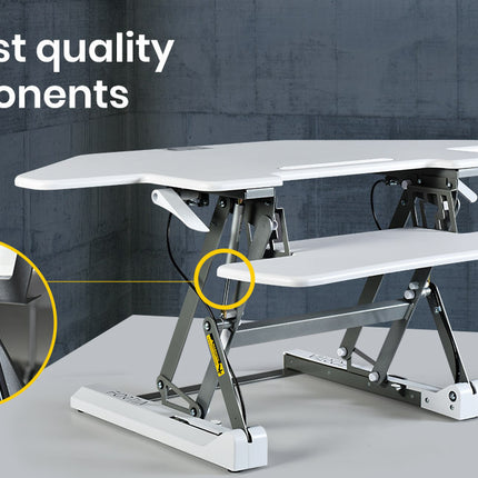 Fortia Corner Desk Riser 110cm Wide Adjustable Sit to Stand for Dual Monitor, Keyboard, Laptop, White