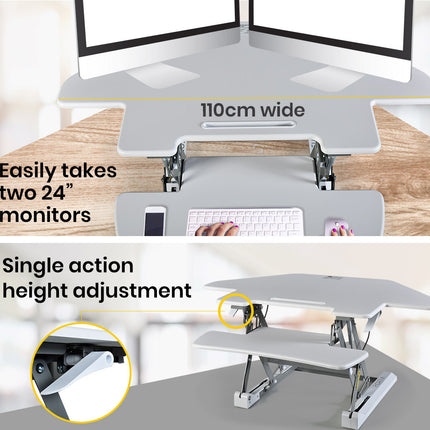 Fortia Corner Desk Riser 110cm Wide Adjustable Sit to Stand for Dual Monitor, Keyboard, Laptop, White