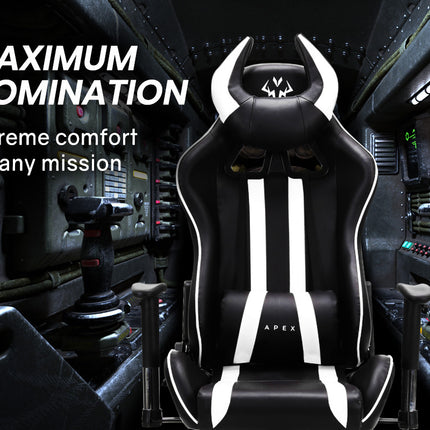 OVERDRIVE Diablo Reclining Gaming Chair Black & White Seat Computer Office Neck Lumbar Horns